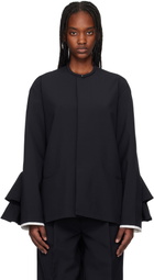 AO Yes Navy Round Collar Ruffle Blazer