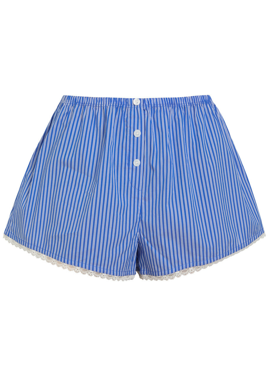 Good American Striped Lace-trimmed Cotton-blend Shorts Blue