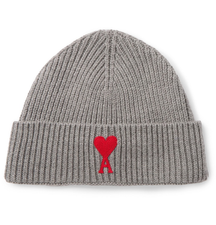 Photo: AMI PARIS - Logo-Appliquéd Ribbed Merino Wool Beanie - Gray