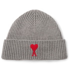 AMI PARIS - Logo-Appliquéd Ribbed Merino Wool Beanie - Gray