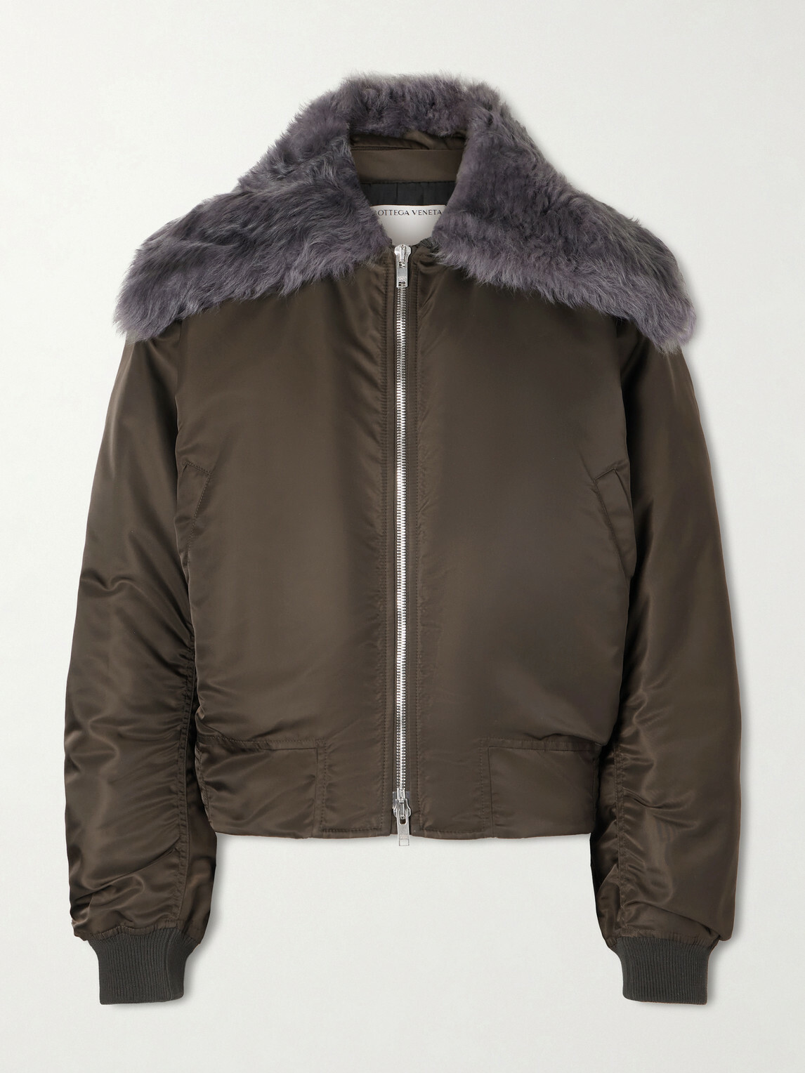 Bottega Veneta - Padded Plush-Trimmed Satin Bomber Jacket - Brown