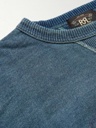 RRL - Distressed Indigo-Dyed Logo-Print Cotton-Jersey Sweatshirt - Blue