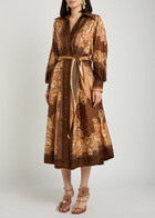 Zimmermann Luna Printed Belted Silk Midi Shirt Dress Brown