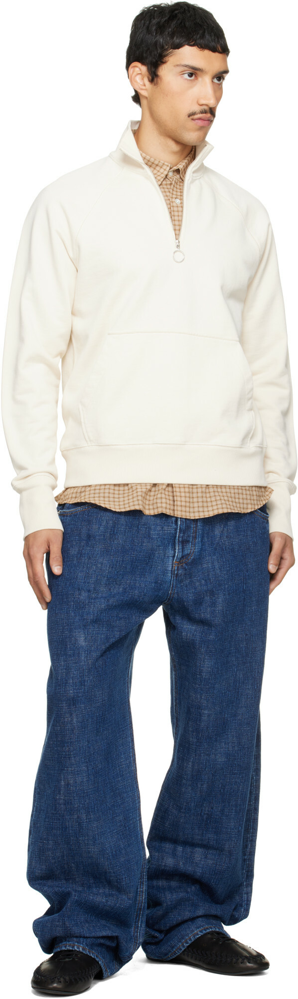 Drake's White Cotton Quarter Zip Sweatshirt