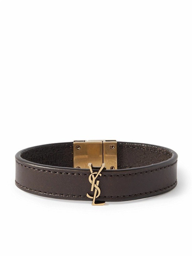 Photo: SAINT LAURENT - Cassandre Logo-Embellished Leather and Gold-Tone Bracelet - Brown