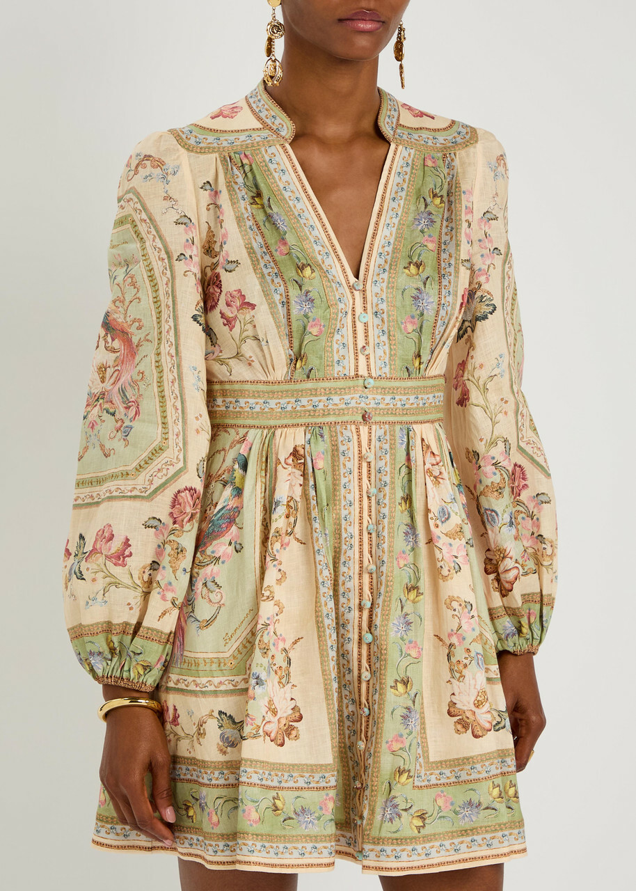 Zimmermann Roselight Printed Linen Mini Dress Sage