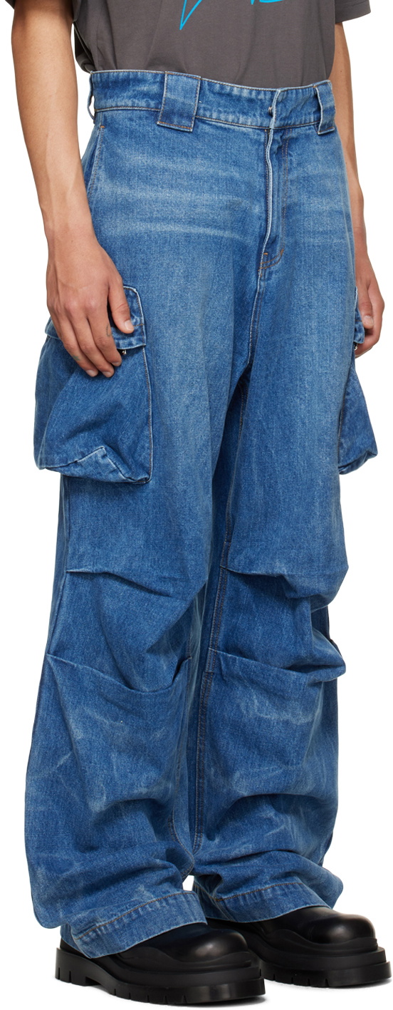 We11done Blue Washed Denim Cargo Pants We11done