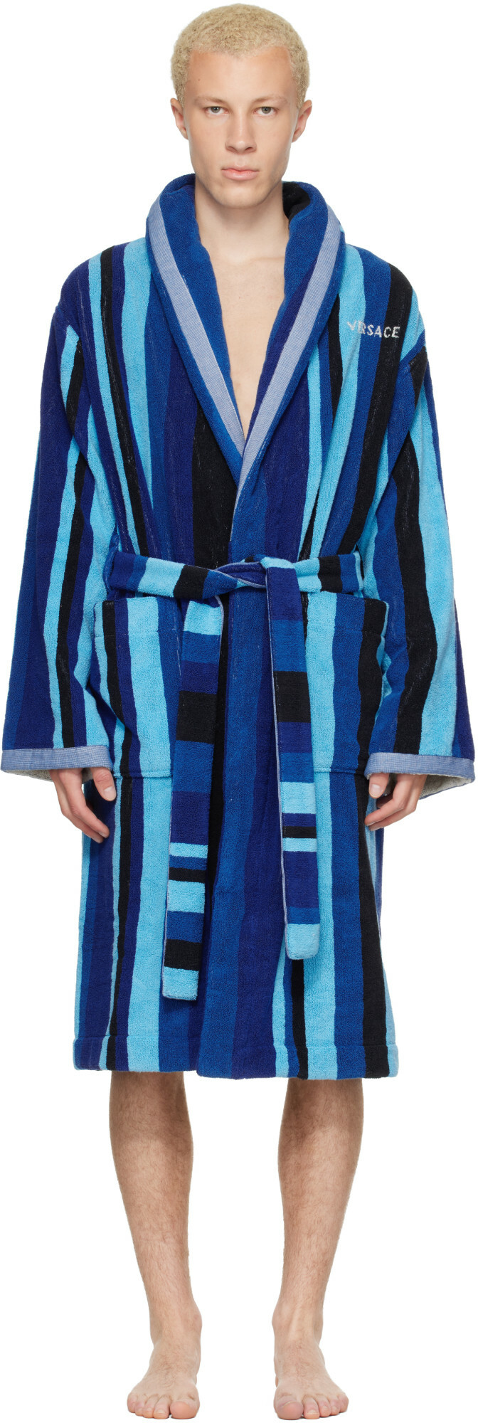 Versace Blue Striped Cotton-Terry Jacquard Bathrobe