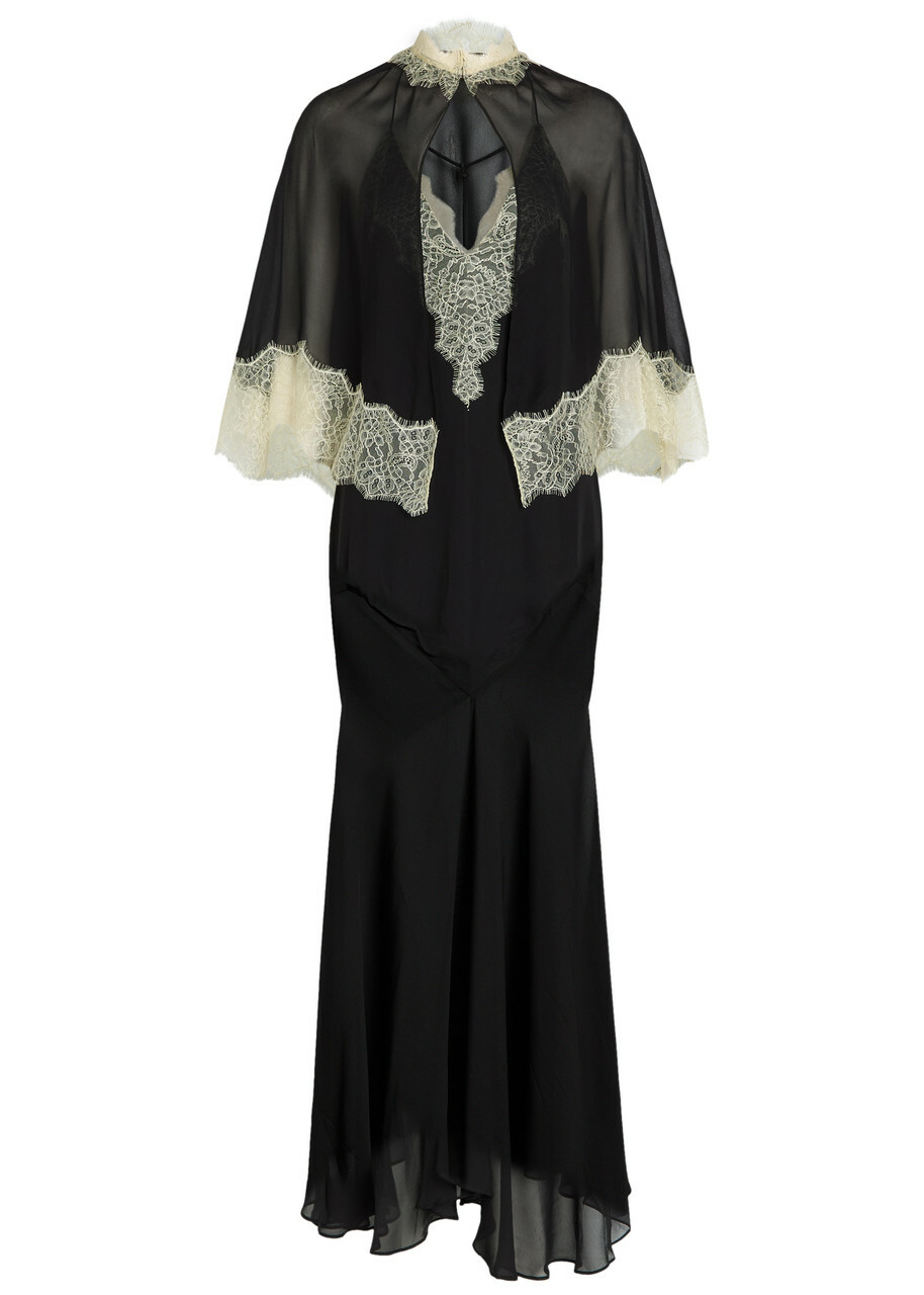 DE LA Vali Cielo Lace-trimmed Chiffon Cape and Maxi Dress Black