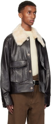 NULLUS Black Detachable Faux-Fur Collar Leather Jacket