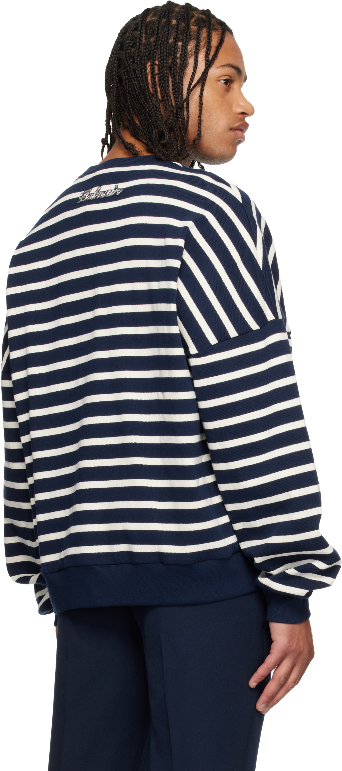 Balmain Navy & White Cotton College Emblem Breton Stripes Sweatshirt
