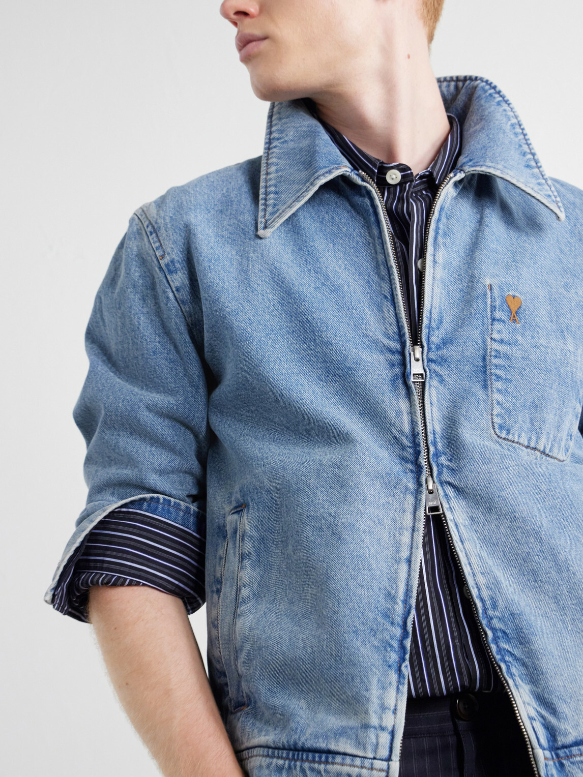 AMI PARIS - Logo-Embroidered Washed-Denim Jacket - Blue