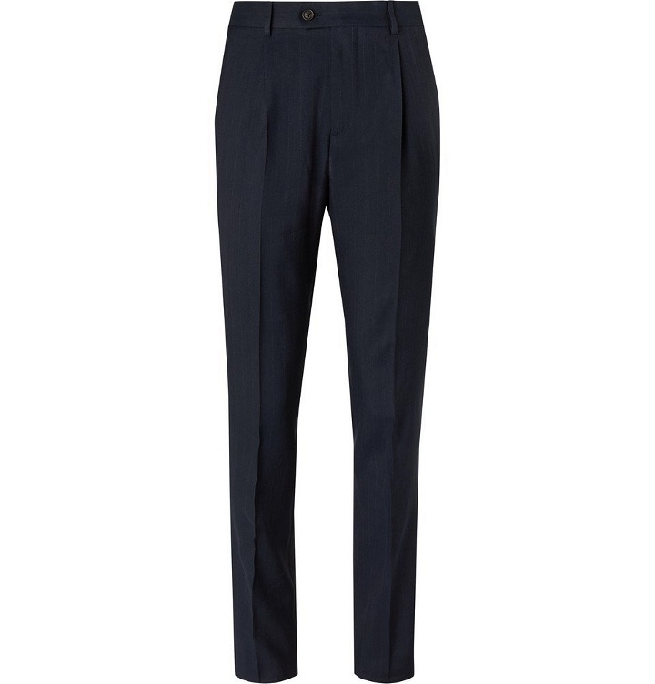 Photo: Brunello Cucinelli - Navy Slim-Fit Pinstriped Wool, Linen and Silk-Blend Suit Trousers - Navy