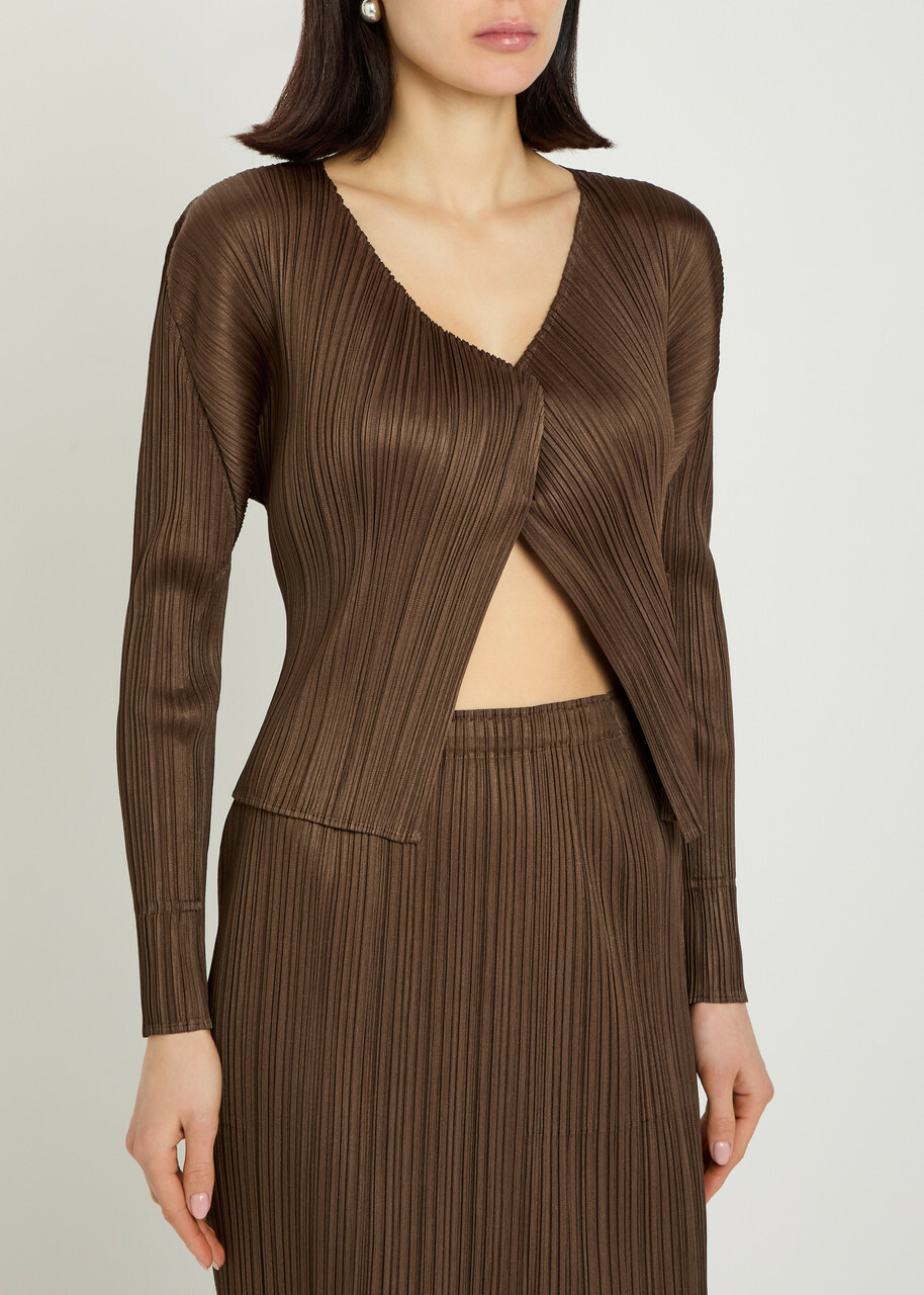 Pleats Please Issey Miyake Pleated Woven Cardigan Brown