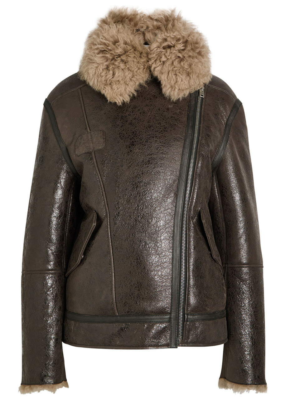 Acne Studios Leather Shearling Jacket Dark Grey