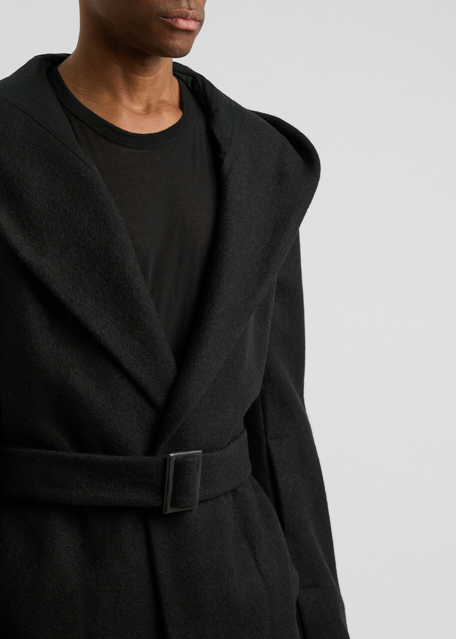 Rick Owens Belted Hooded Wool Coat Black Rick Owens