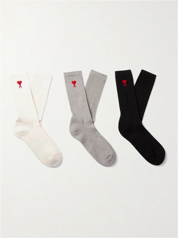 Photo: AMI PARIS - Three-Pack Logo-Jacquard Cotton-Blend Socks - Multi