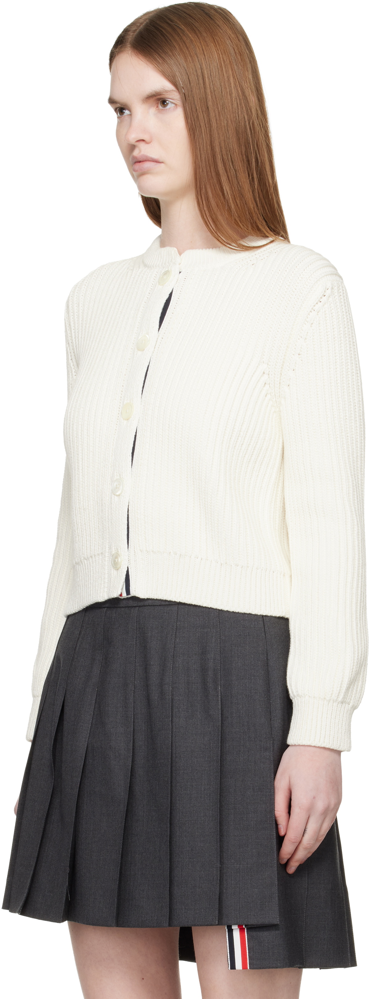 Thom Browne White Full Stitch Cropped Crew Neck Cardigan
