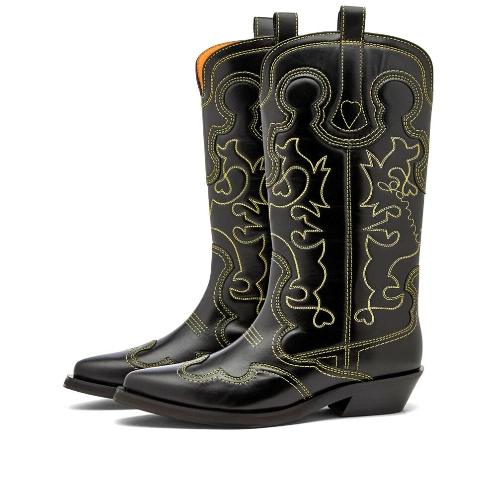 GANNI Women's Mid Shaft Embroidered Western Boot in Black