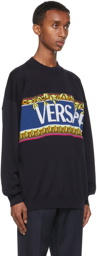 Versace Navy Knit Logo Graphic Sweater