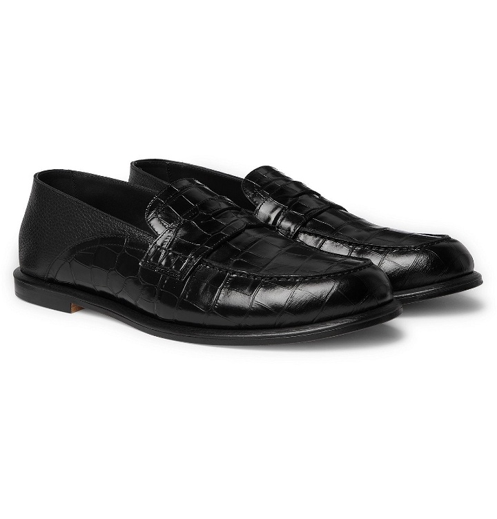 Photo: Loewe - Collapsible-Heel Croc-Effect and Full-Grain Leather Penny Loafers - Black