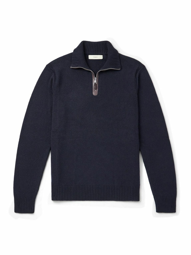 Photo: Purdey - Leather-Trimmed Cashmere Half-Zip Sweater - Blue