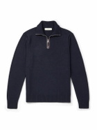Purdey - Leather-Trimmed Cashmere Half-Zip Sweater - Blue