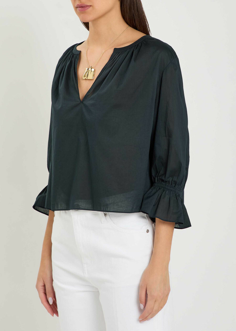 Frame The Poet Gathered Cotton Blouse Navy