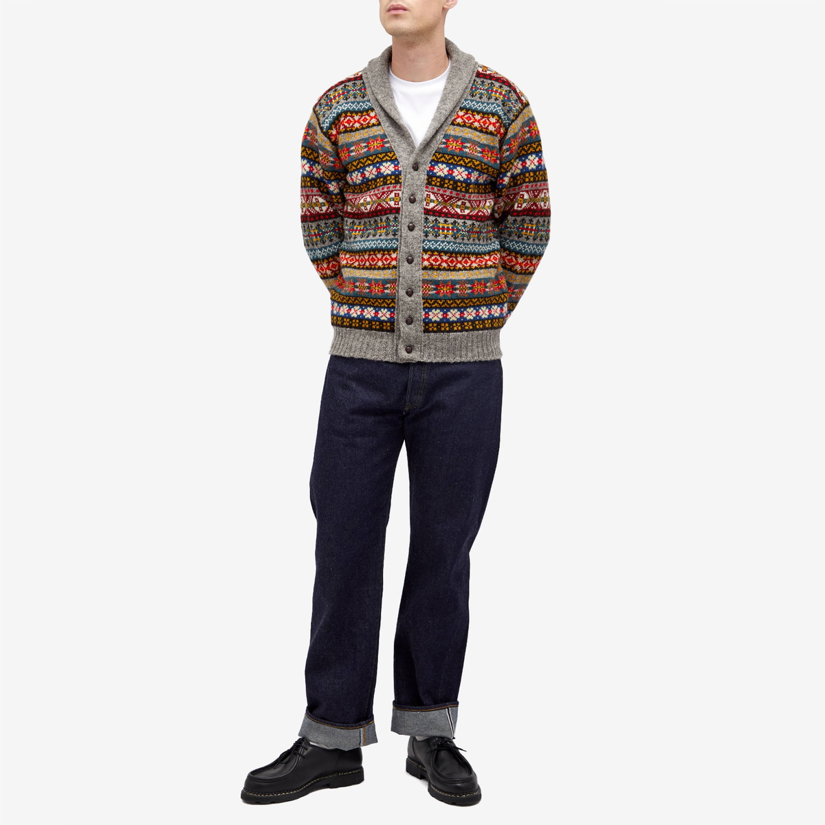 Jamieson's of Shetland Men's Fair Isle Shawl Collar Cardigan in Steel Grey