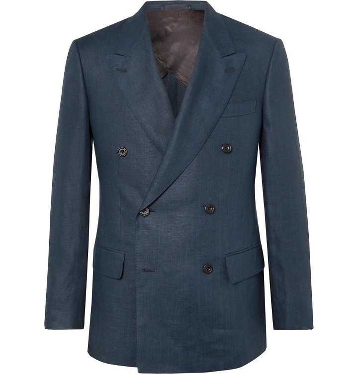 Photo: Kingsman - Navy Slim-Fit Double-Breasted Linen Suit Jacket - Navy