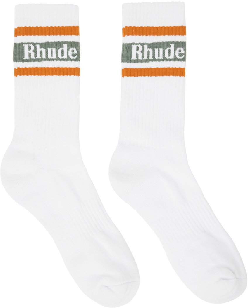 Rhude White & Green Stripe Logo Socks Rhude