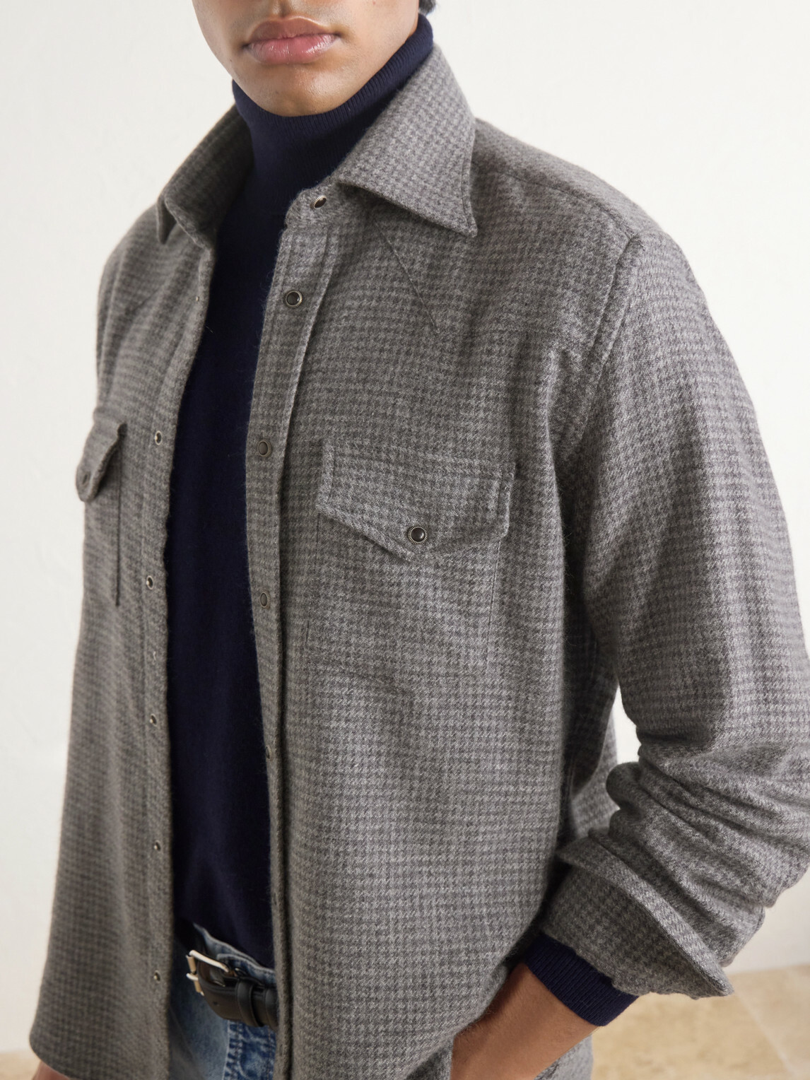 Eleventy - Texas Houndstooth Wool and Cashmere-Blend Shirt - Gray