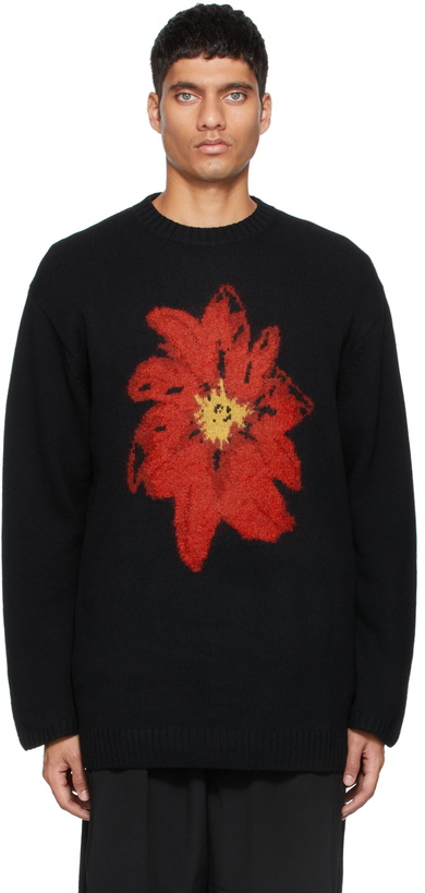 Photo: Yohji Yamamoto Black Wool Floral Intarsia Crewneck Sweater