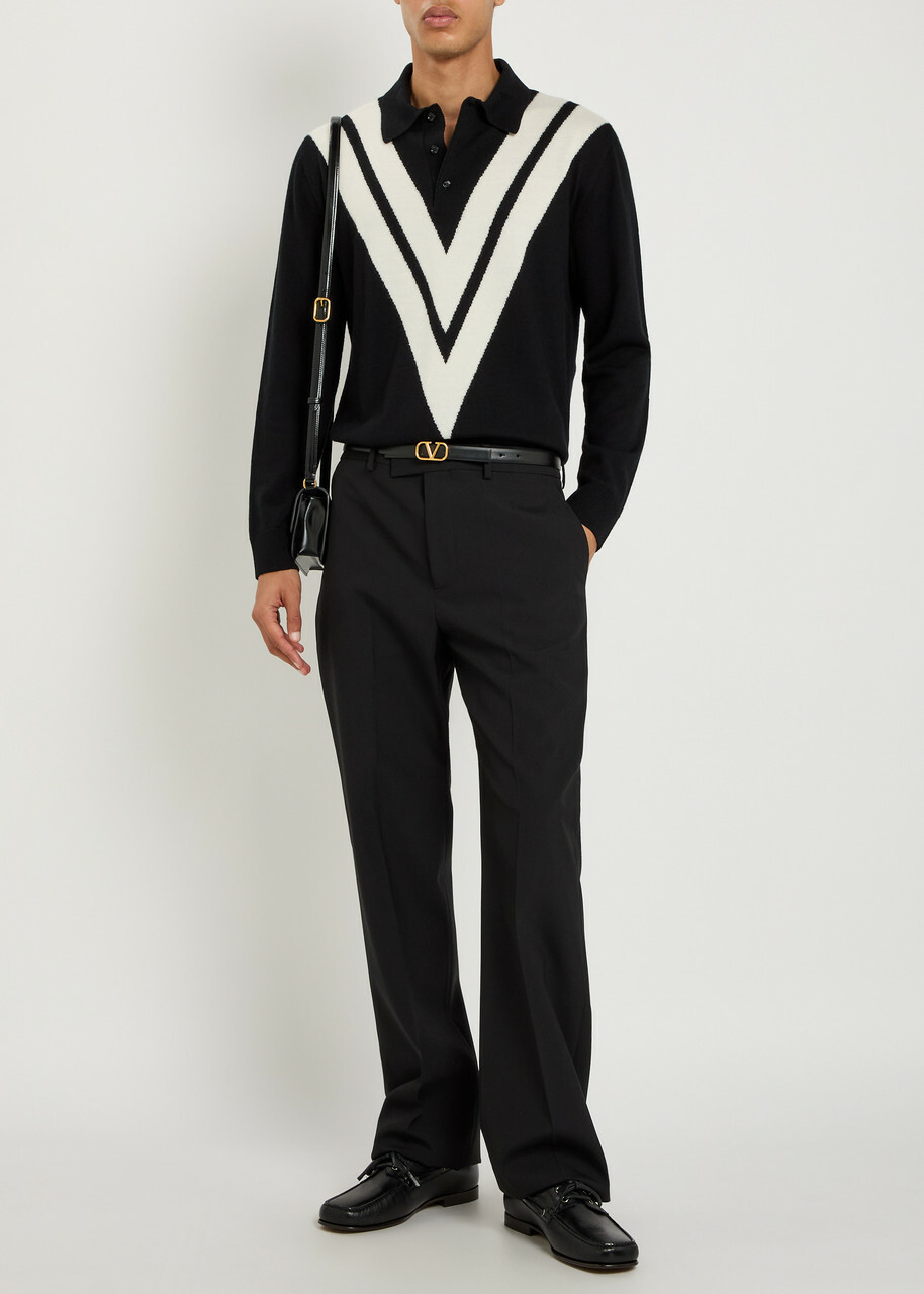 Valentino Garavani Vlogo-intarsia Wool Polo Jumper Black And White