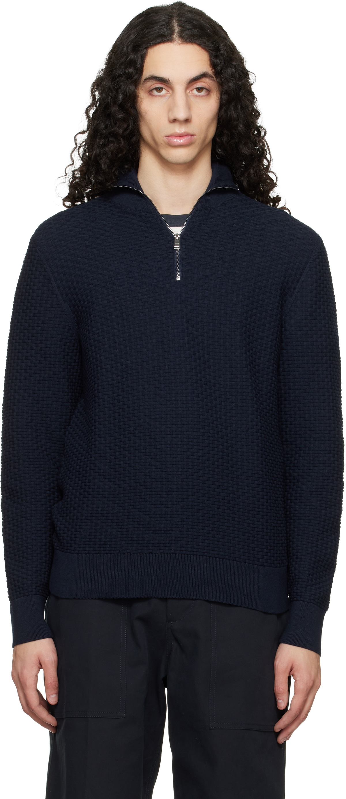 BOSS Navy Quarter-Zip Cotton Track Jacket