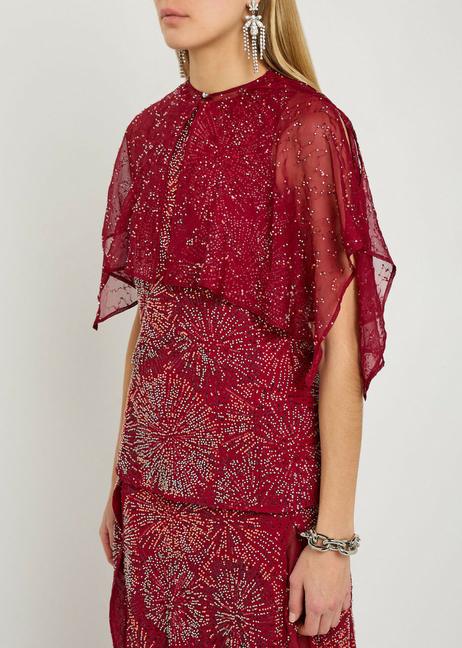 Rabanne Embellished Chiffon Cape top Red