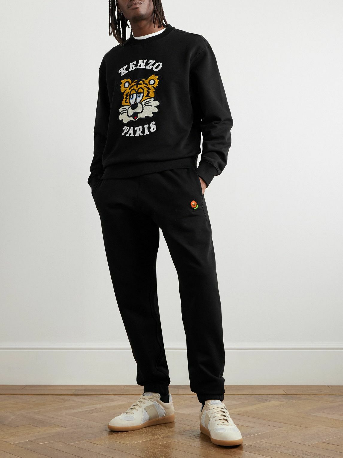 KENZO - Tapered Logo-Embroidered Appliquéd Cotton-Jersey Sweatpants - Black