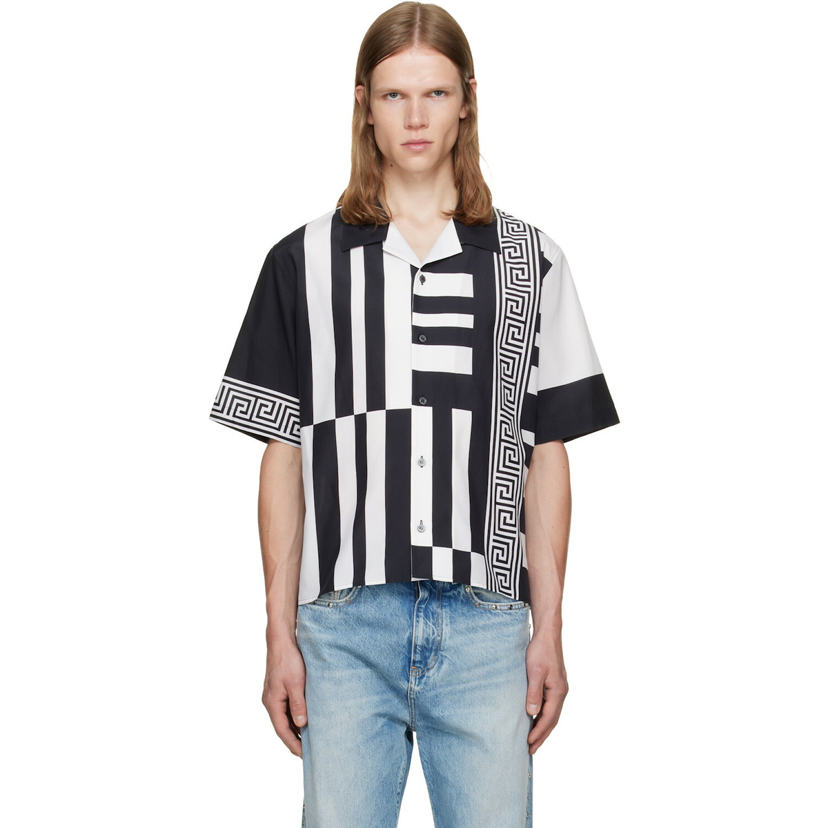 Versace Black & White Printed Cotton Silk Shirt