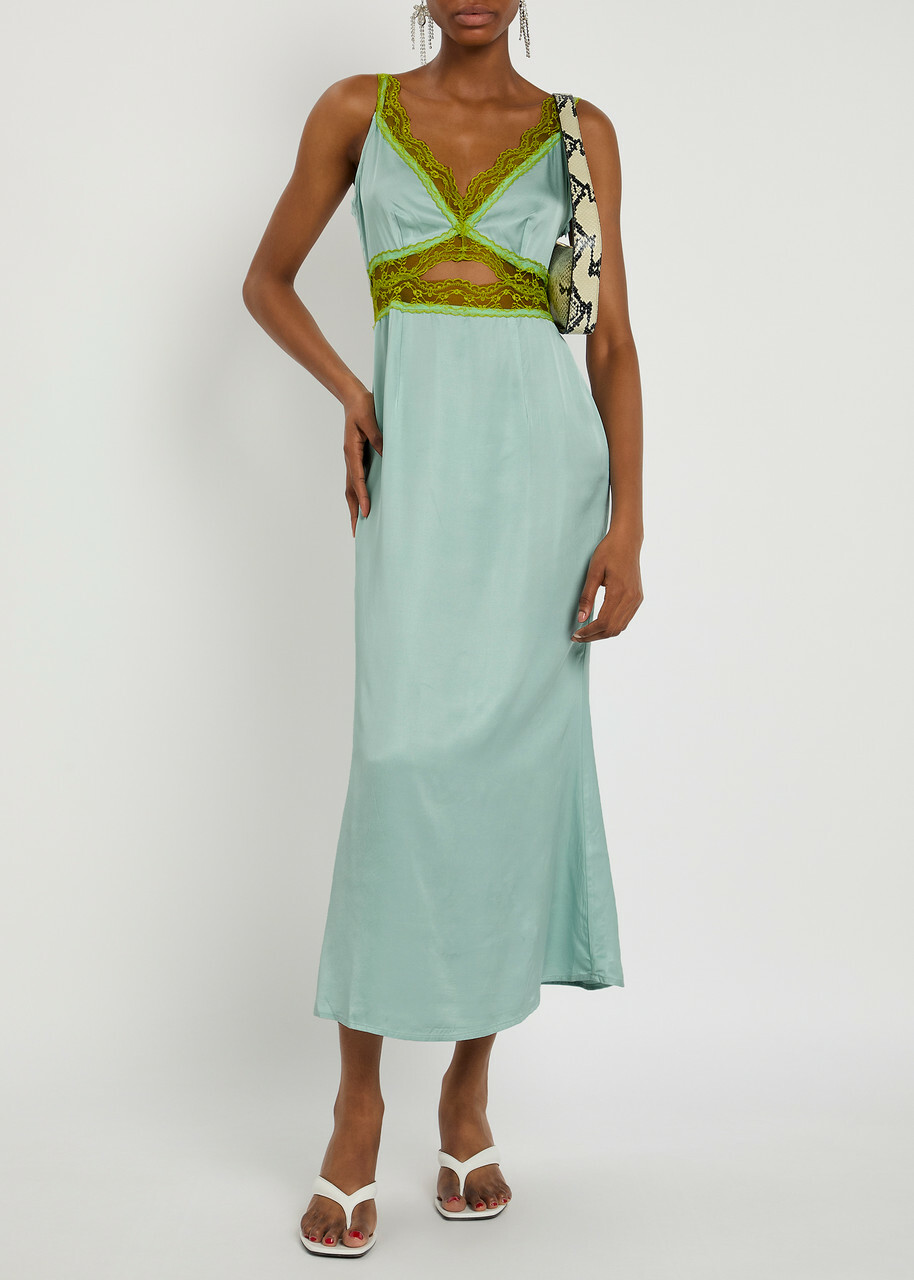 Never Fully Dressed Mimi Lace-trim Satin Midi Dress Blue