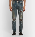 AMIRI - MX1 Skinny-Fit Panelled Distressed Stretch-Denim Jeans - Blue