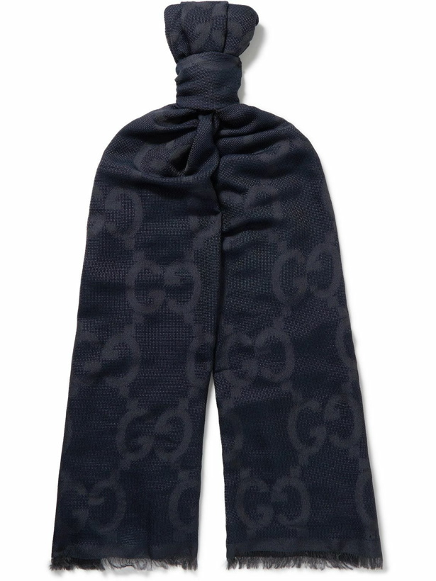 Photo: GUCCI - Fringed Logo-Jacquard Wool and Silk-Blend Scarf