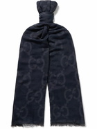 GUCCI - Fringed Logo-Jacquard Wool and Silk-Blend Scarf