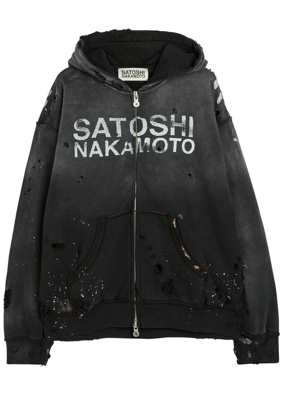 Satoshi Nakamoto Luke Printed Hooded Distressed Cotton Sweatshirt Black