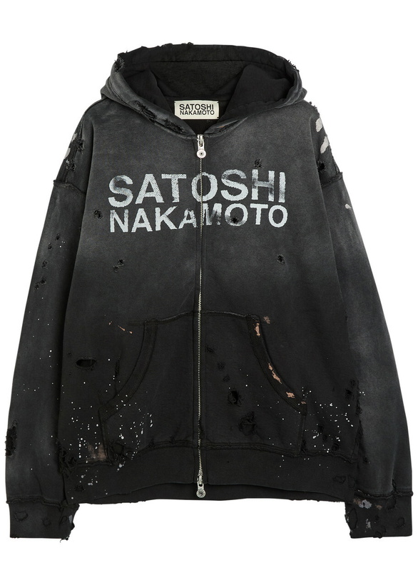 Photo: Satoshi Nakamoto Luke Printed Hooded Distressed Cotton Sweatshirt Black