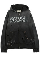 Satoshi Nakamoto Luke Printed Hooded Distressed Cotton Sweatshirt Black