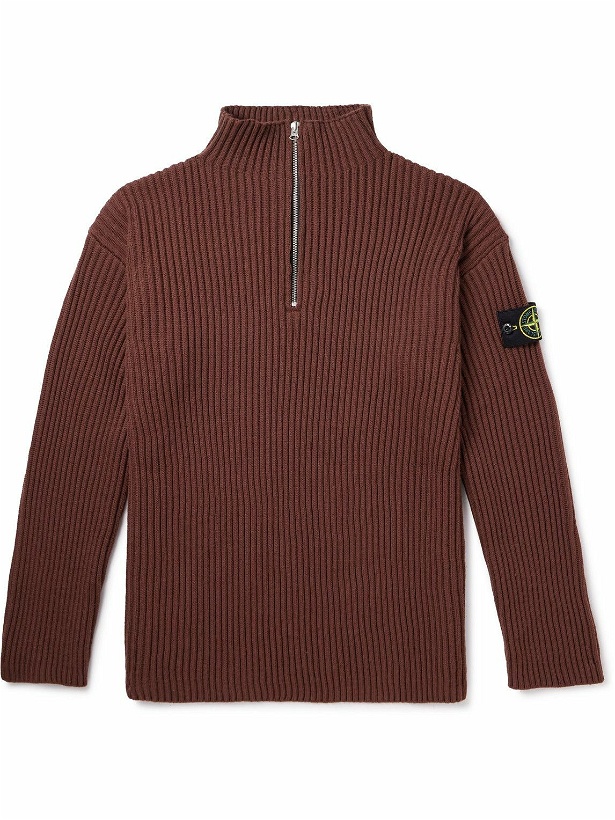 Photo: Stone Island - Logo-Appliquéd Ribbed Wool Half-Zip Sweater - Red