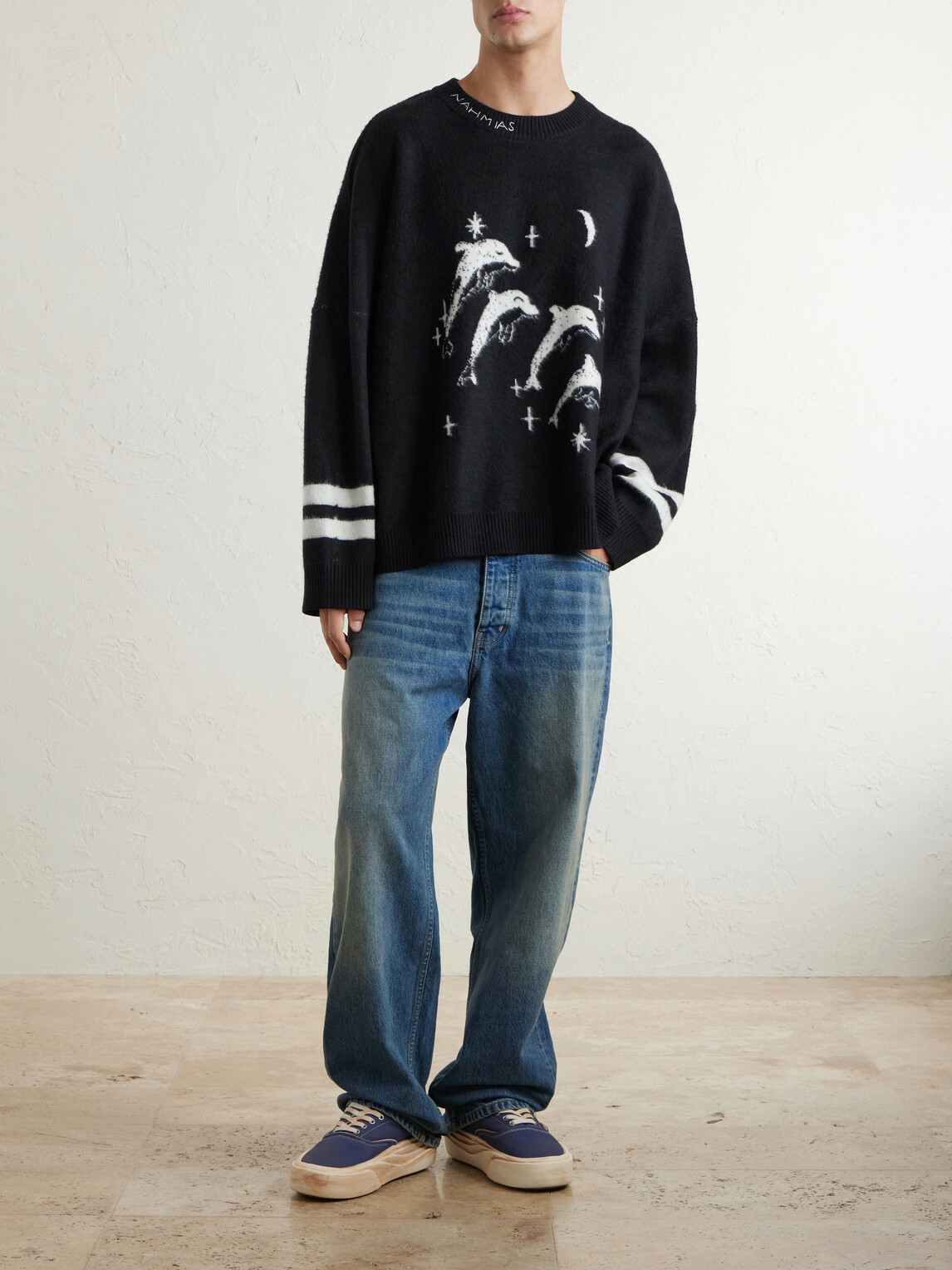 NAHMIAS - Dolphin Dreams Logo-Embroidered Cotton and Wool-Blend Sweater - Black