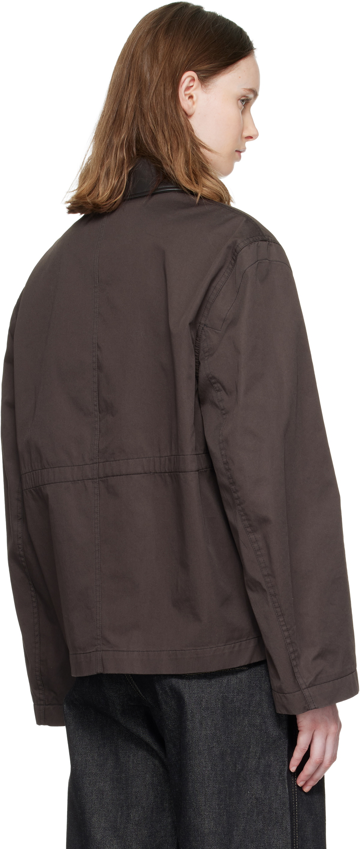 LEMAIRE Brown Leather Collar Cotton Twill Blouson Jacket