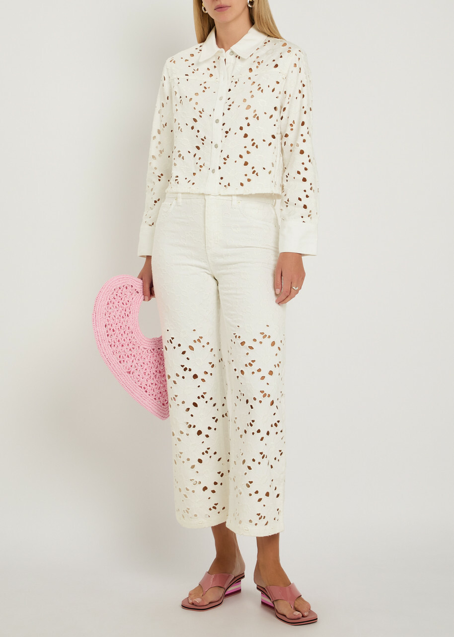Alice + Olivia Finely Cutwork Embroidered Denim Shirt White
