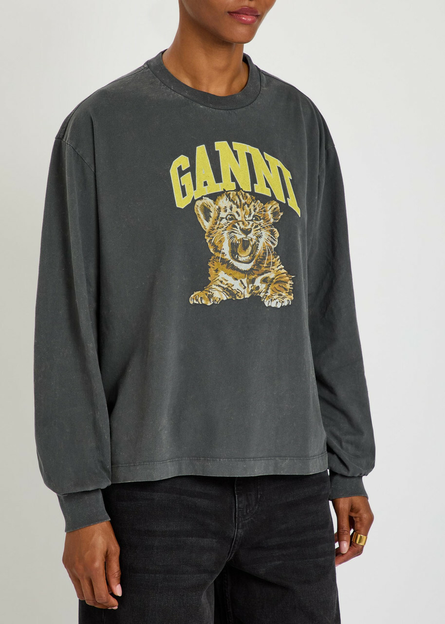 Ganni Printed Long-sleeve Cotton T-shirt Black